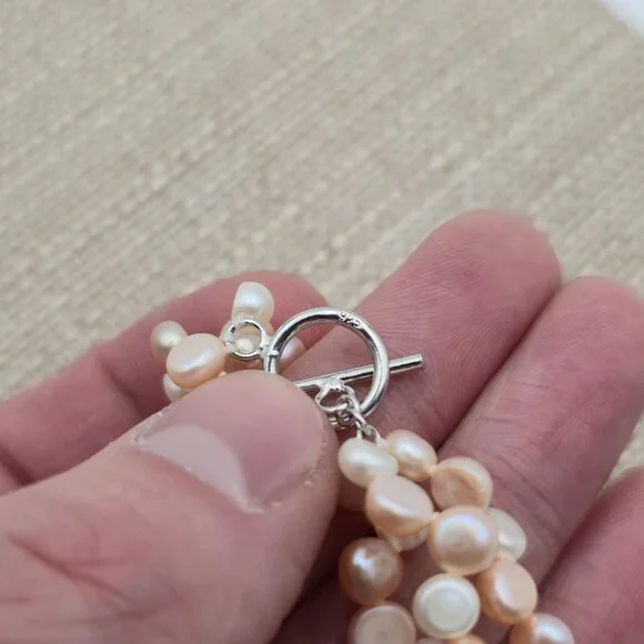 17.5 Inch Sterling Silver Triple Strand Genuine Light Pearls Necklace B501 - Picture 4 of 6